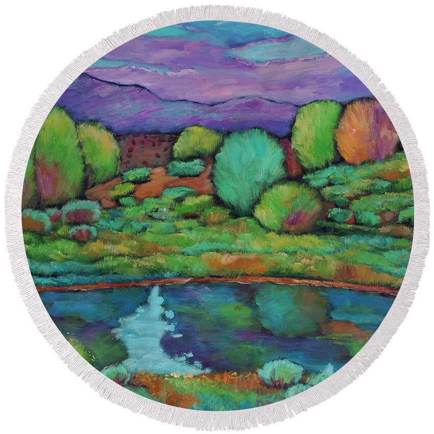 New Mexico Round Beach Towel featuring the painting Oasis by Johnathan Harris