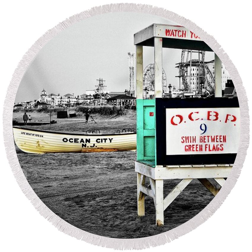 Ocean City Round Beach Towel featuring the photograph Ocean City NJ Lifeguard Stand by James DeFazio