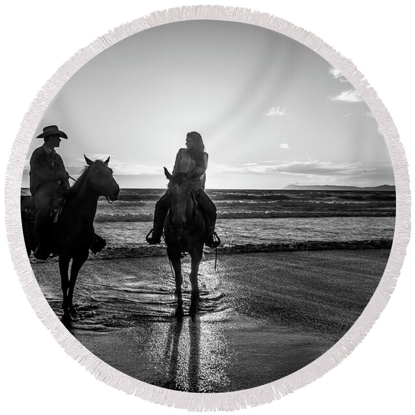 Horse Round Beach Towel featuring the photograph Ocean Sunset on Horseback by Mike Long