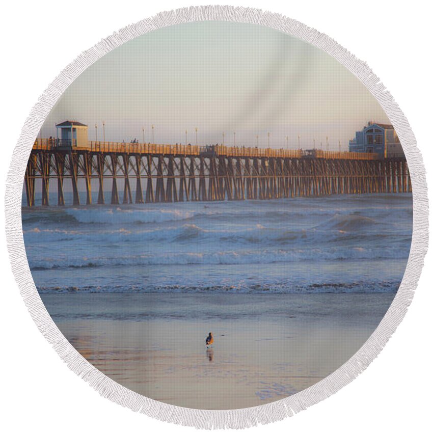 Oceanside Pier Round Beach Towel featuring the photograph Oceanside California Big Wave Surfing 2 by Catherine Walters