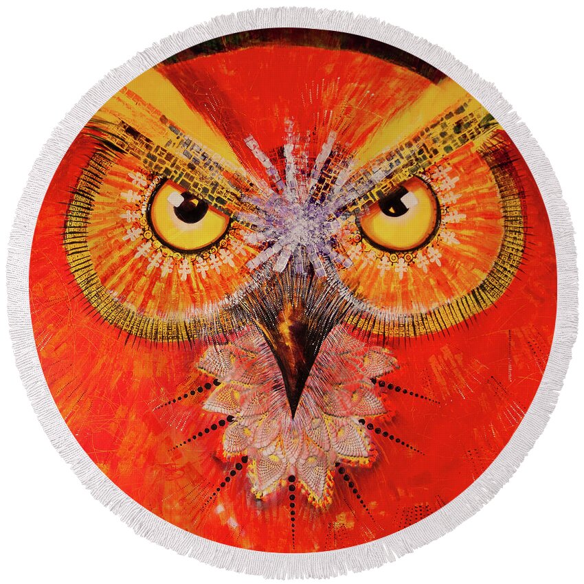Owl Round Beach Towel featuring the painting OL Big Red by Laurel Bahe