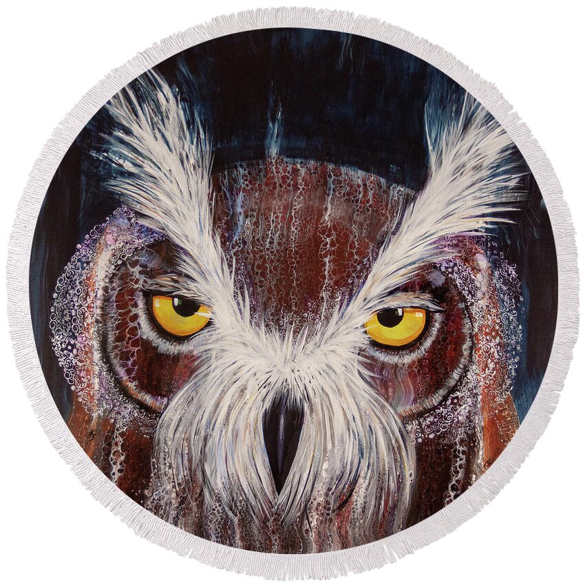 Owl Round Beach Towel featuring the painting OL Sam by Laurel Bahe