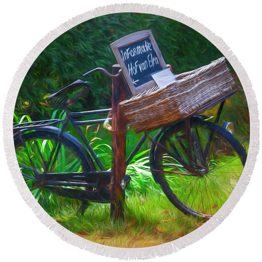 Barn Round Beach Towel featuring the photograph Old Antique Bicycle Painting by Debra and Dave Vanderlaan