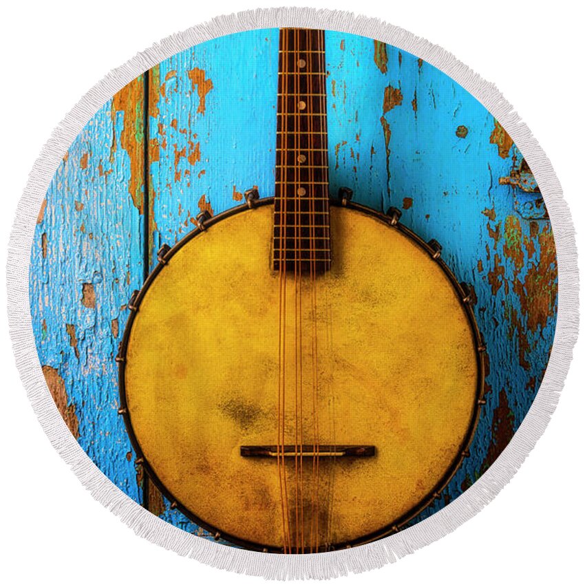 American Round Beach Towel featuring the photograph Old Banjo On Blue Wall by Garry Gay