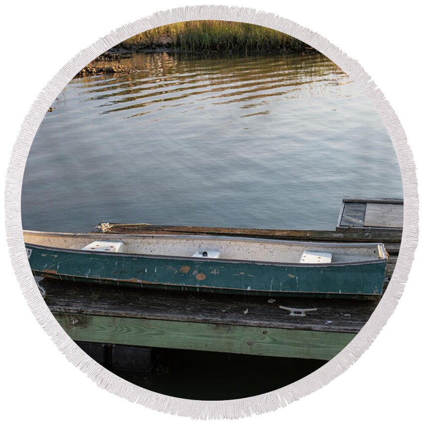 Canoe Round Beach Towel featuring the photograph Old Canoe on Dock in Shem Creek by Dale Powell