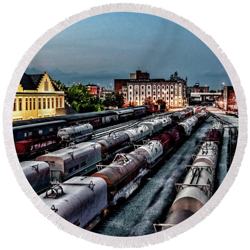 Old City Rail Yard Round Beach Towel featuring the photograph Old City Rail Yard by Sharon Popek