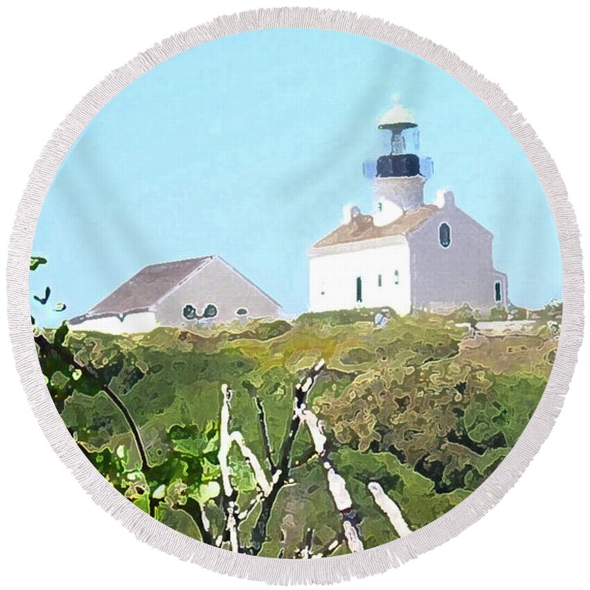 Old Lighthouse Round Beach Towel featuring the mixed media Old lighthouse Point Loma by Bonnie Marie