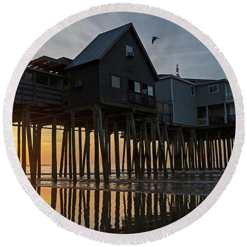 Old Round Beach Towel featuring the photograph Old Orchard Beach Maine Sunrise at the Pier by Toby McGuire