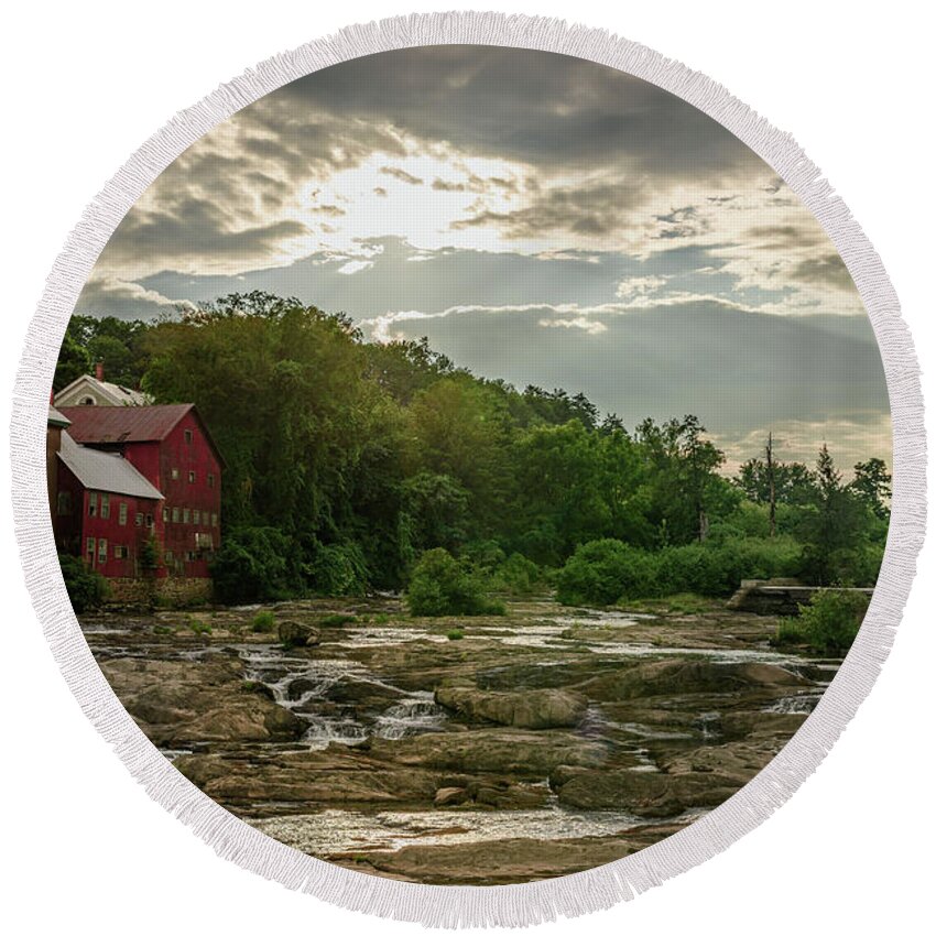 Landscape Round Beach Towel featuring the photograph Old Red Building on the River by Mike Whalen
