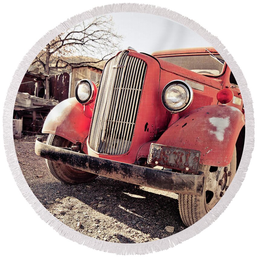 Truck Round Beach Towel featuring the photograph Old Red Truck Jerome Arizona by Edward Fielding