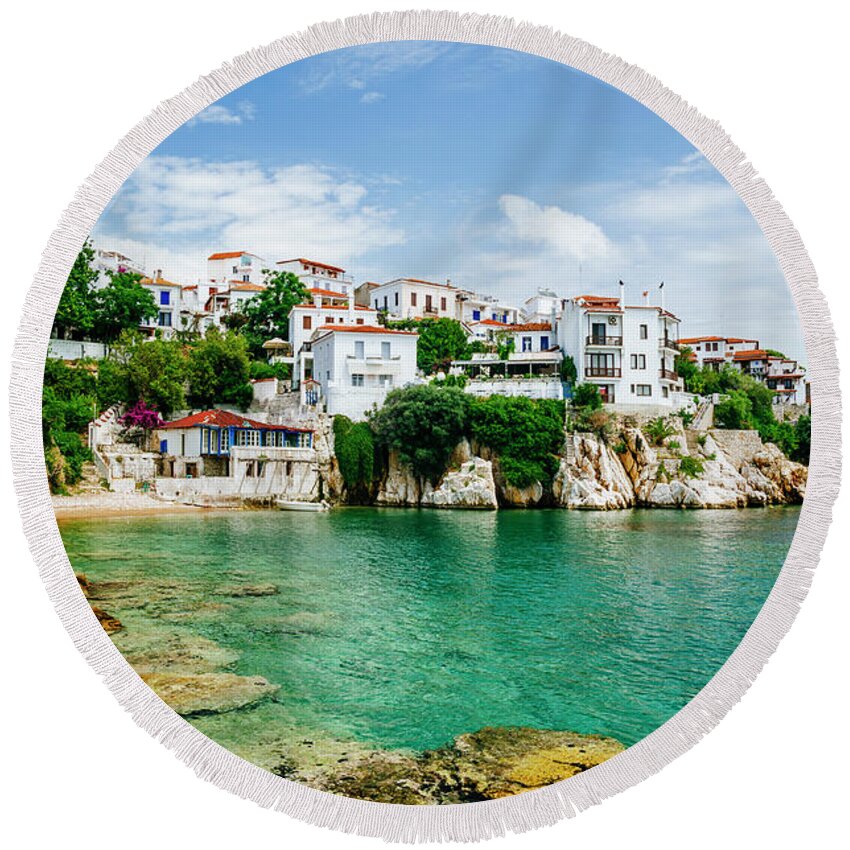 Skiathos Round Beach Towel featuring the photograph Old town view of Skiathos island, Sporades, Greece. by Jelena Jovanovic
