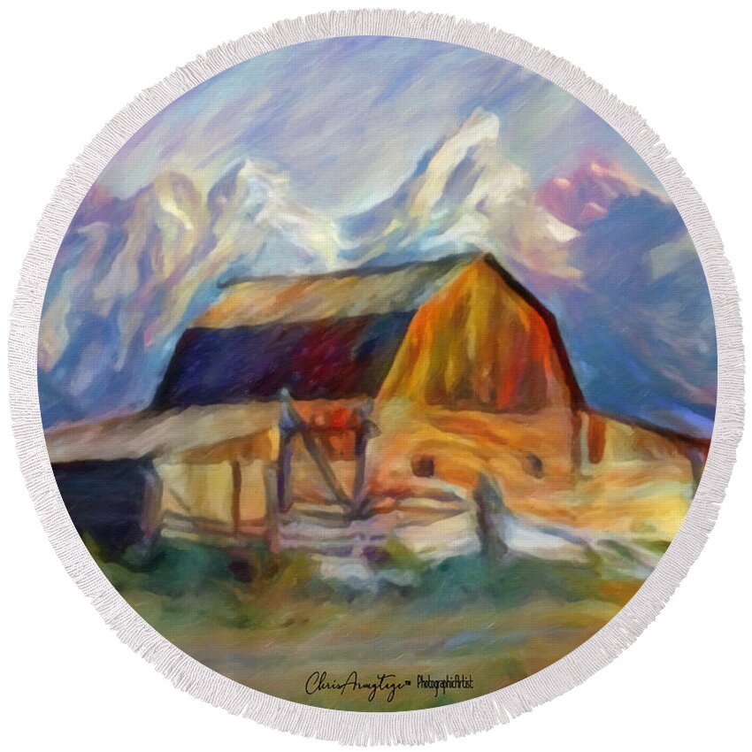 Old Round Beach Towel featuring the painting Old Wyoming Barn by Chris Armytage