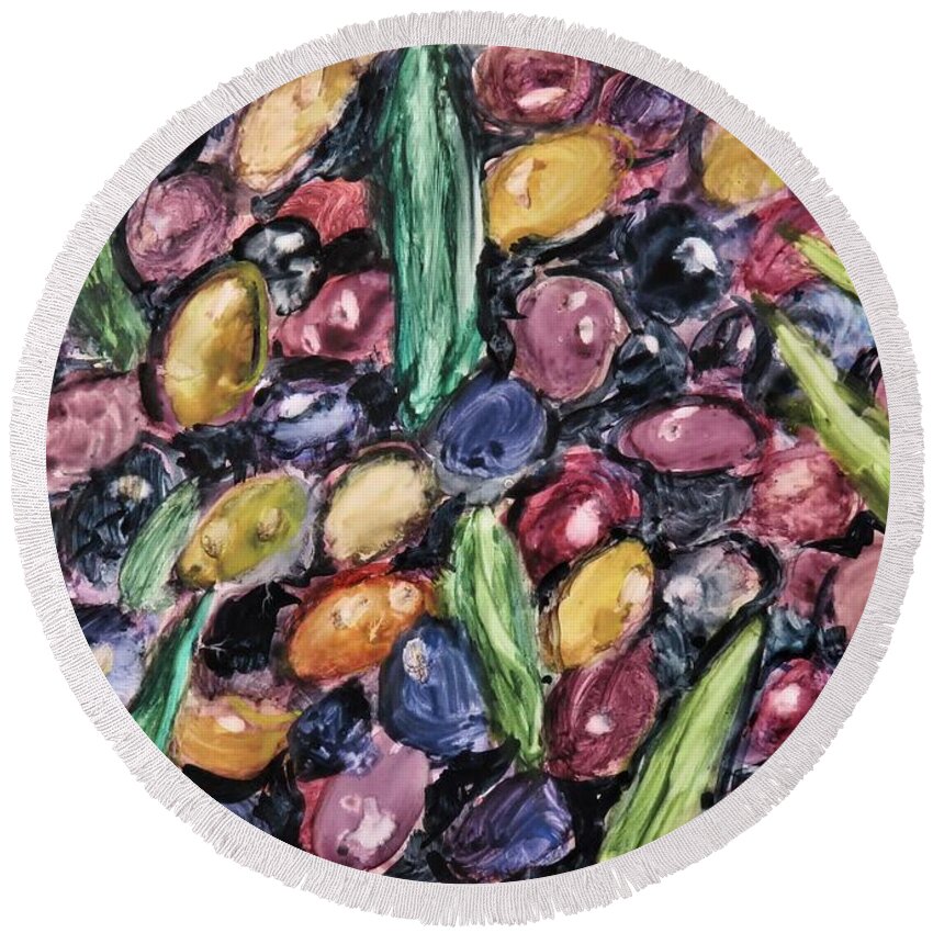 Olive Round Beach Towel featuring the painting Olives Ready for Pressing by Laurie Morgan