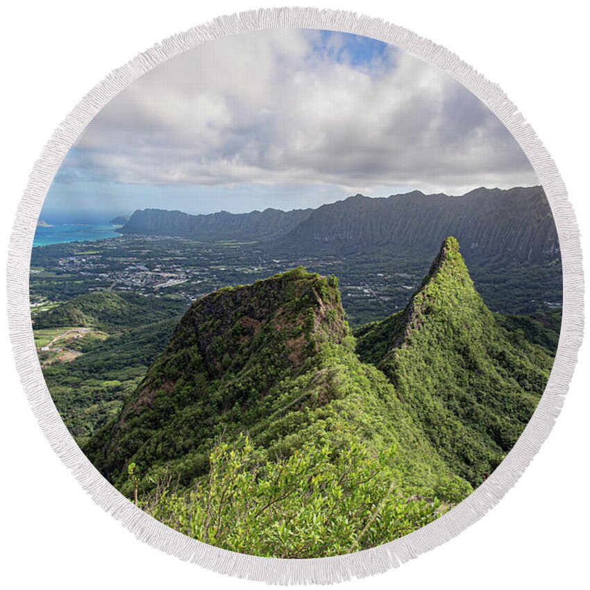Hike Round Beach Towel featuring the photograph Olomana Three Peaks Trail, Hawaii by Get Lost With Ash
