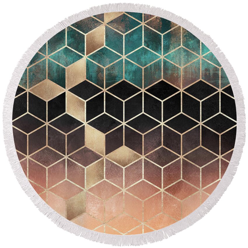 Graphic Round Beach Towel featuring the digital art Ombre Dream Cubes by Elisabeth Fredriksson