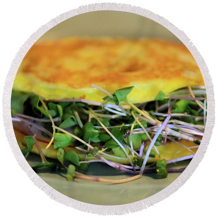 Food Round Beach Towel featuring the photograph Omelette With Sprouts by Kae Cheatham