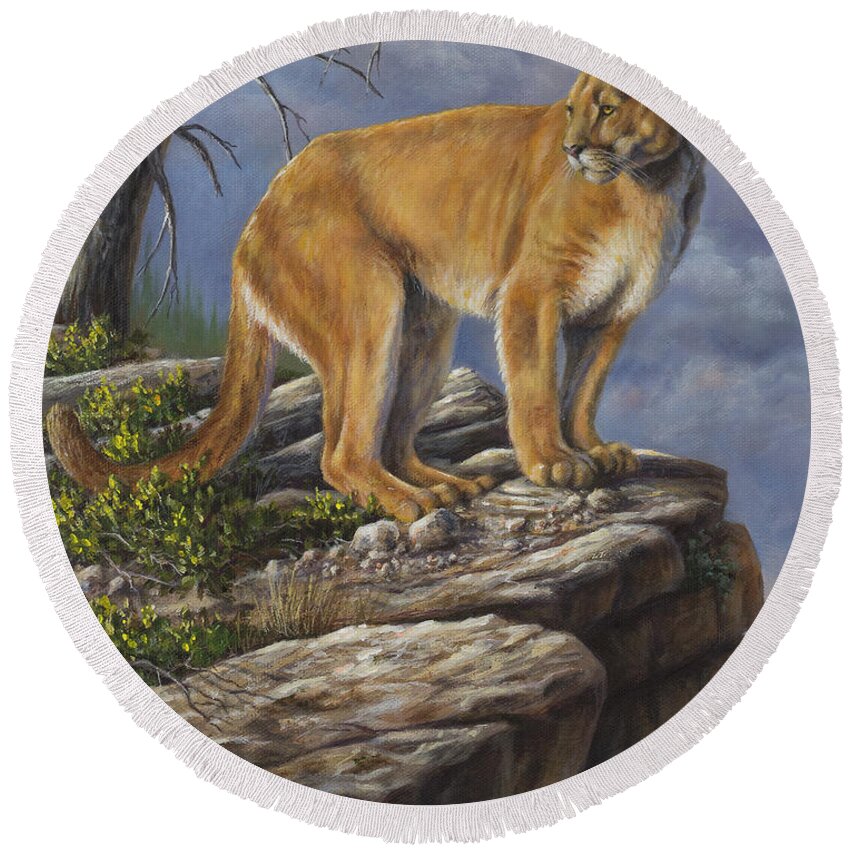 Mountain Lion Round Beach Towel featuring the painting On the Hunt by Kim Lockman