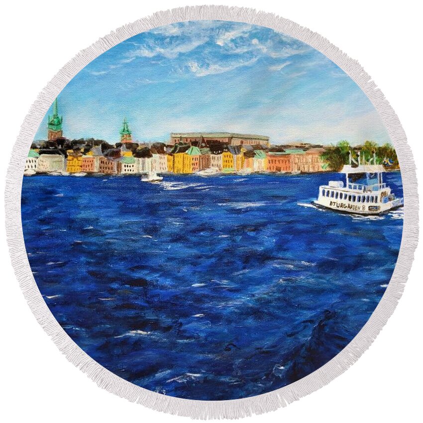 Sweden Round Beach Towel featuring the painting On the Way to Gamla Stan, Stockholm, Sweden by C E Dill