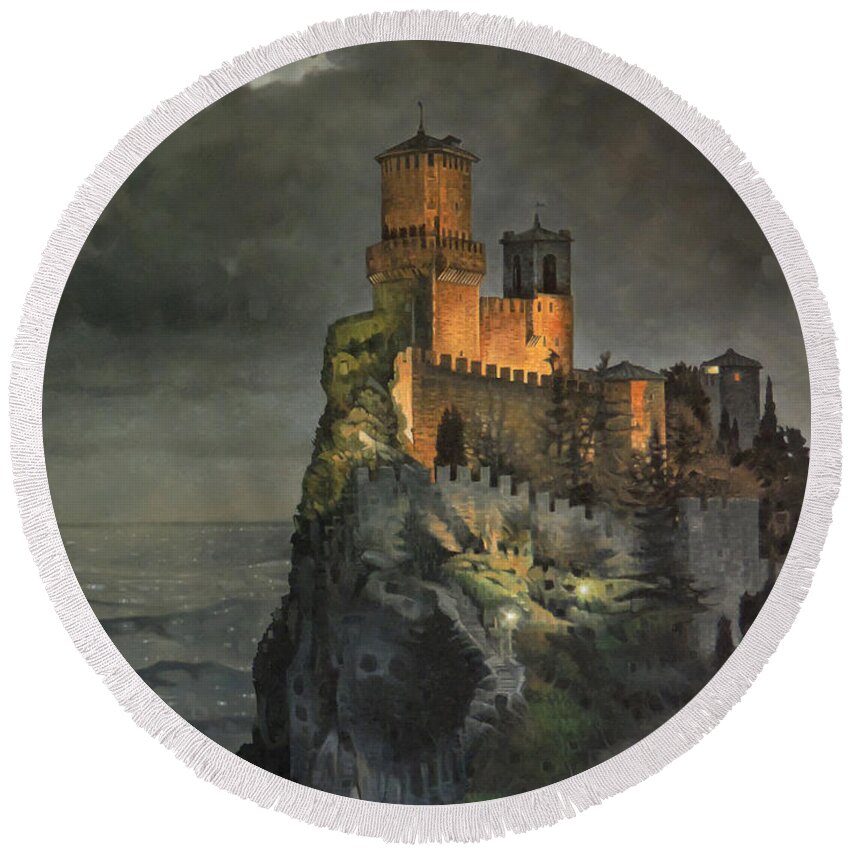 Castle Medieval Realism Oil Painting Fine Art Night Moon Ocean Shoreline Round Beach Towel featuring the painting Once Upon A Crescent Night by T S Carson
