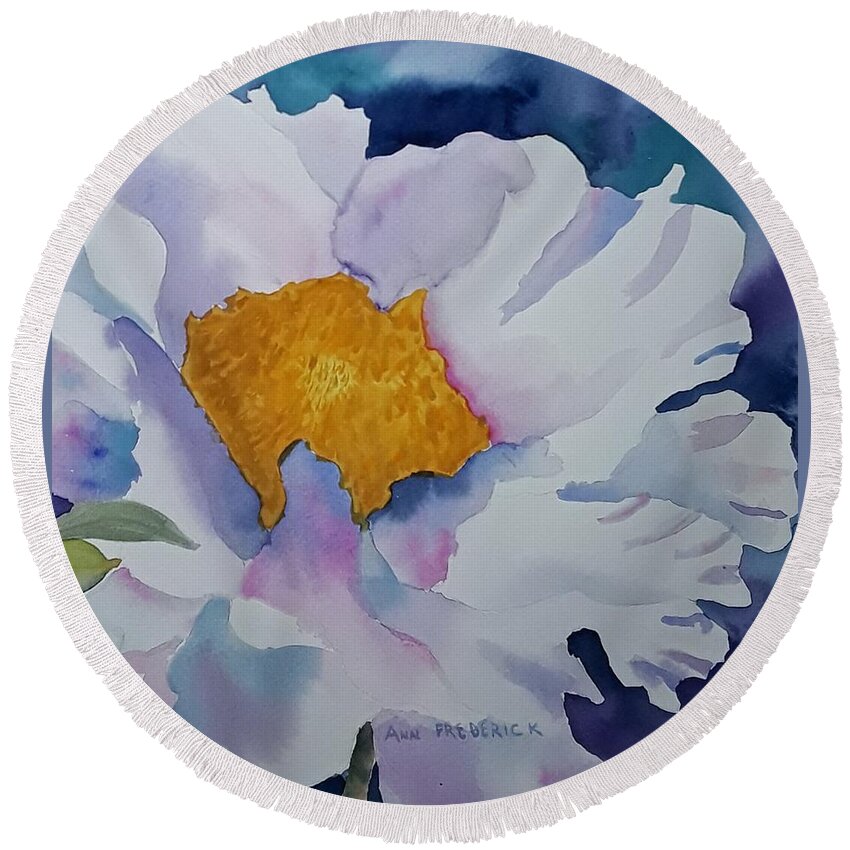Floral Round Beach Towel featuring the painting One White Flower by Ann Frederick