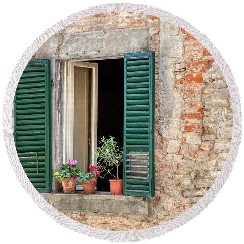 Window Round Beach Towel featuring the photograph Open Window of Cortona by David Letts