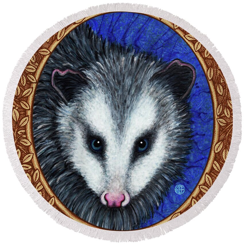 Animal Portrait Round Beach Towel featuring the painting Opossum Portrait - Brown Border by Amy E Fraser