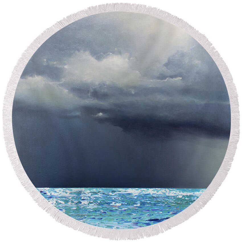 Derek Kaplan Round Beach Towel featuring the painting Opt.26.19 'Storm' by Derek Kaplan