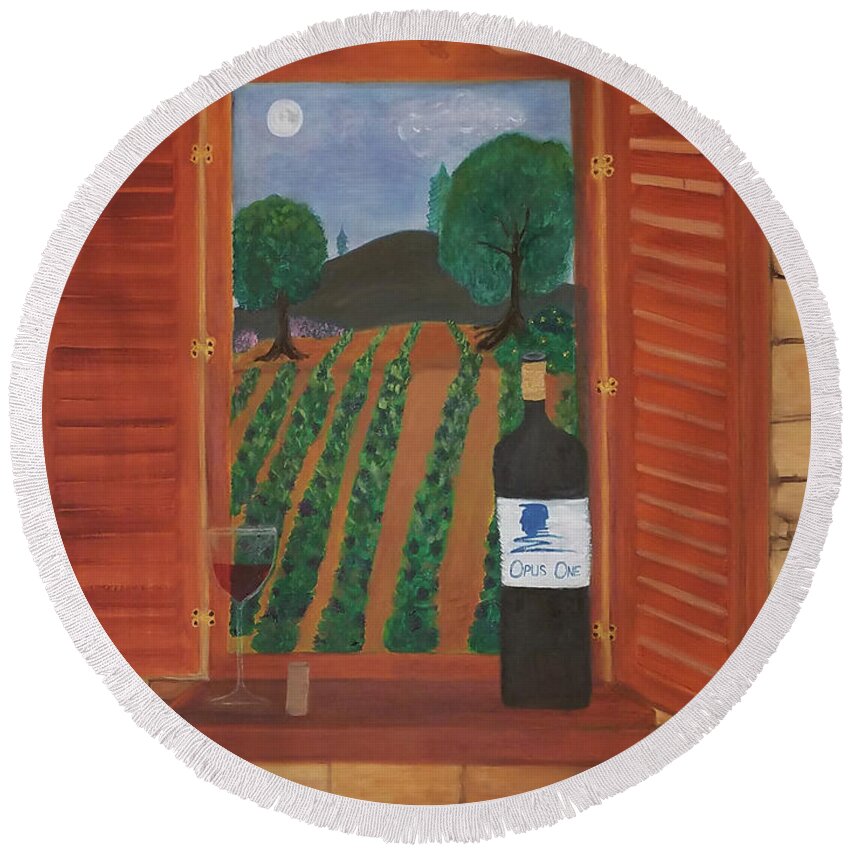 Wine Round Beach Towel featuring the painting Opus One Napa Sonoma by Artist Linda Marie