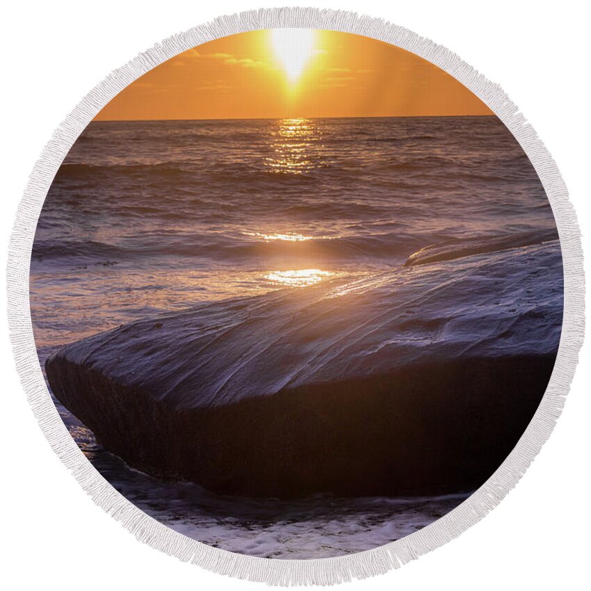 Beach Round Beach Towel featuring the photograph Orange Skies and Purple Rocks by Aaron Burrows