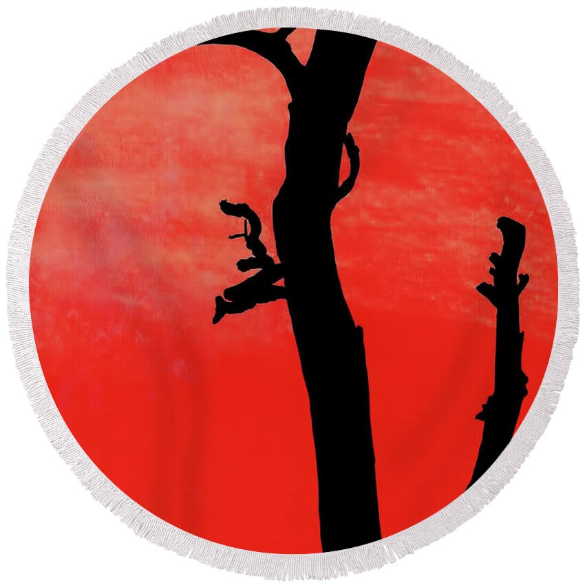 Sunset Round Beach Towel featuring the drawing Orange Sunset Silhouette Tree by D Hackett