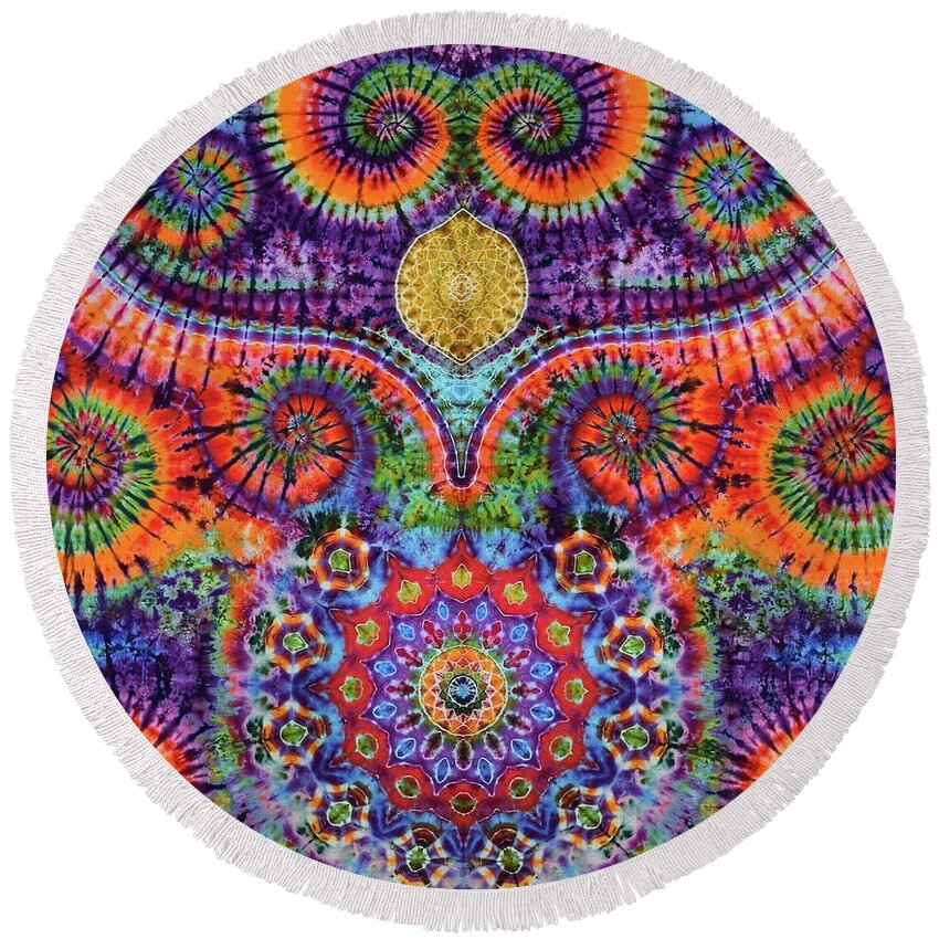 Rob Norwood Tie Die Psychedelic Art Sacred Geometry Fibonacci Round Beach Towel featuring the digital art Orange Sunshine by Rob Norwood