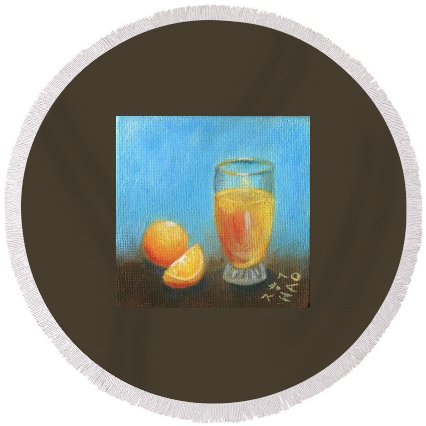 Orange Round Beach Towel featuring the painting Oranges and Juice by Helian Cornwell