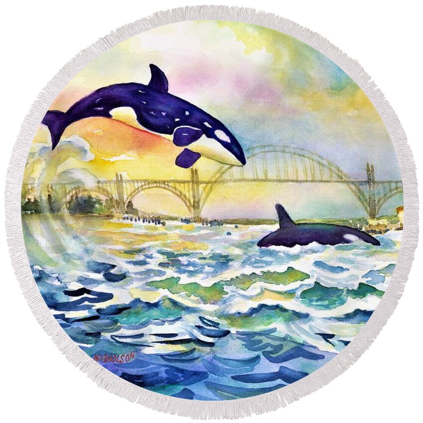 Orca Whales Round Beach Towel featuring the painting Orcas in Yaquina Bay by Ann Nicholson