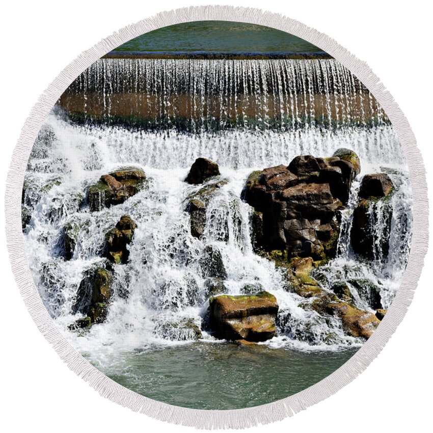 Order And Chaos Round Beach Towel featuring the photograph Order and Chaos -- Diversion Dam Waterfall in Idaho Falls, Idaho by Darin Volpe