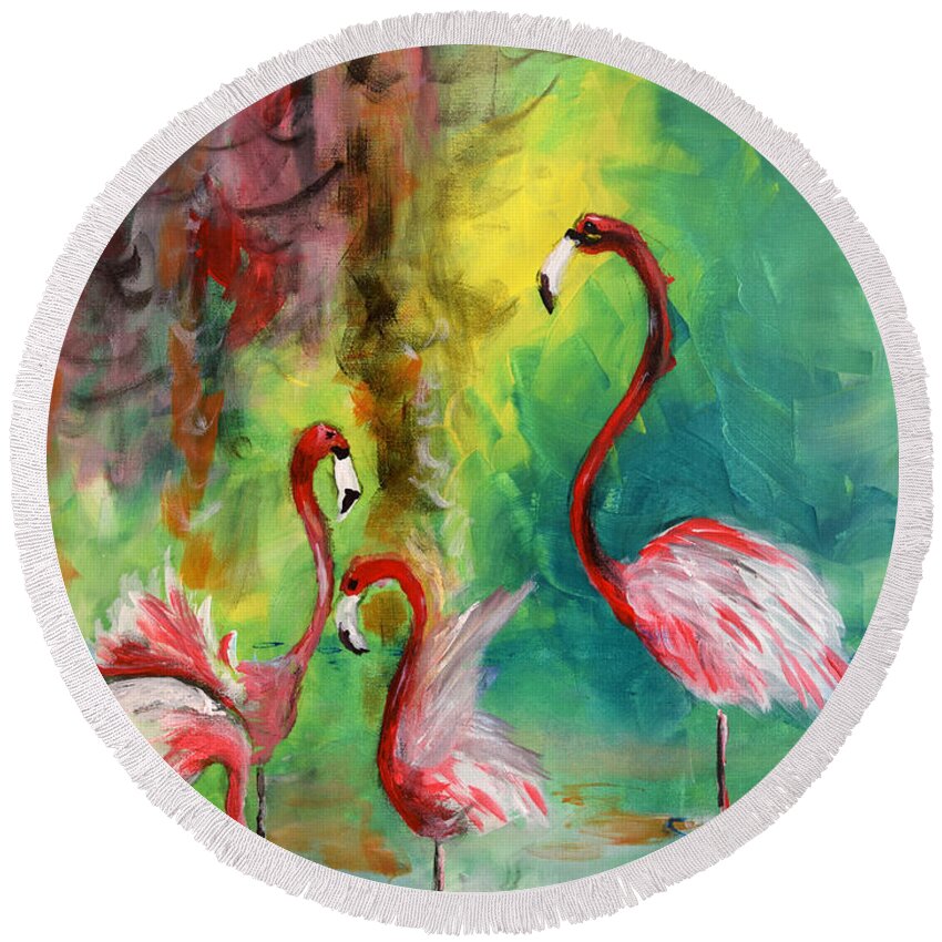Flamingos Round Beach Towel featuring the painting Original Flamingo Dancers by Gary Smith