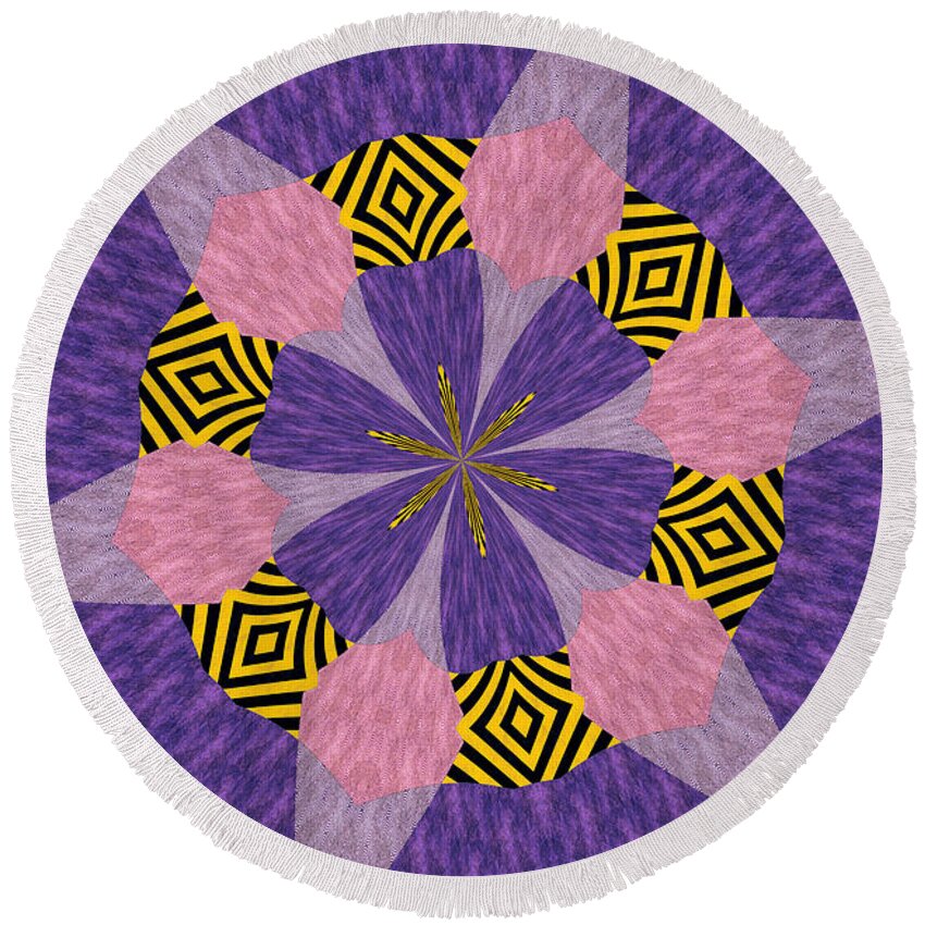 Purple Round Beach Towel featuring the mixed media Ornament Number 69 by Alex Caminker