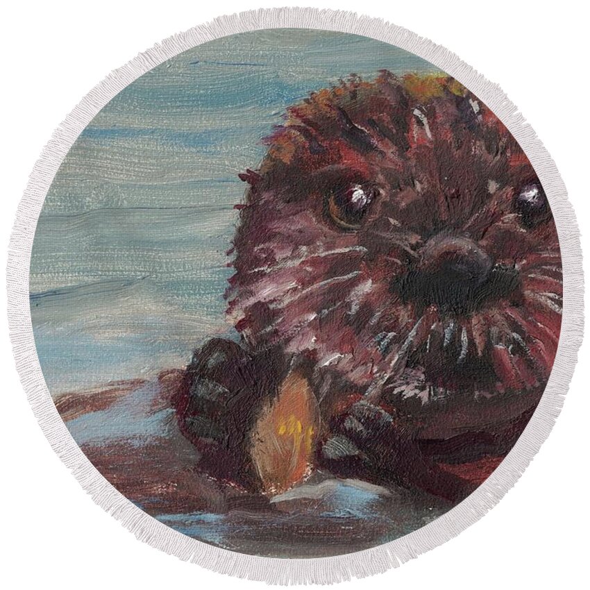 #otter #otterlove #otteroilpainting Round Beach Towel featuring the painting Otter Noms by Jessmyne Stephenson