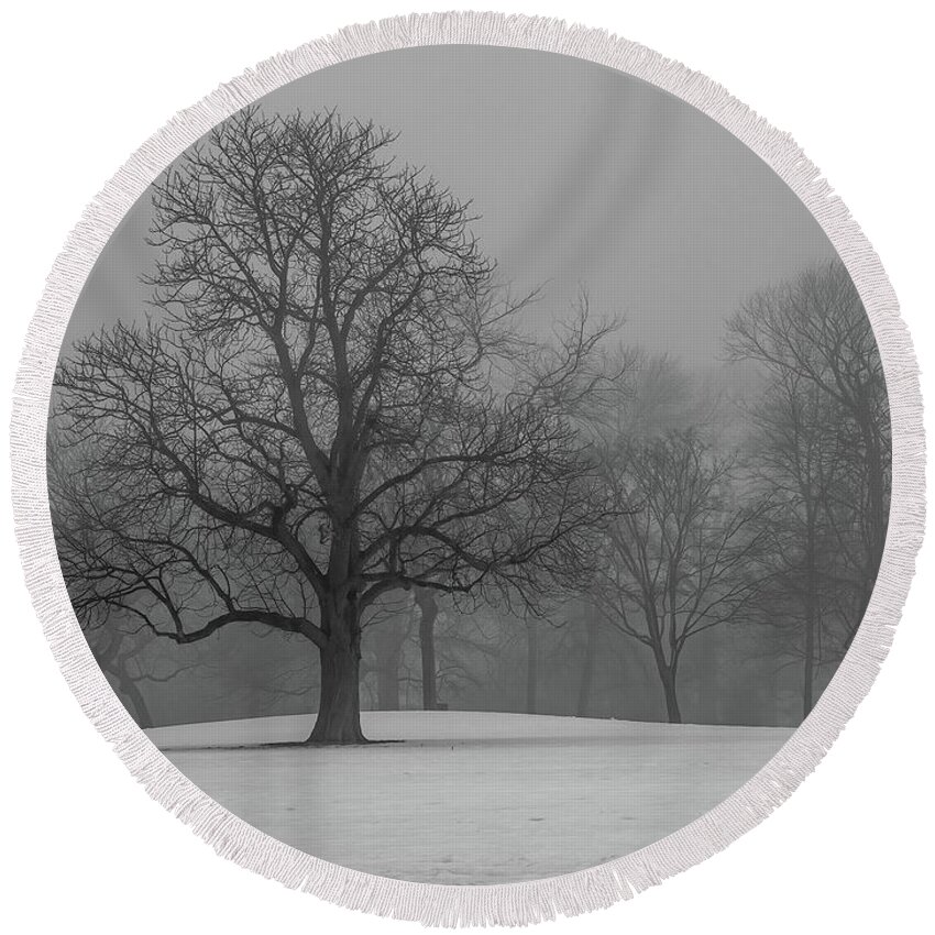 Oak Tree Round Beach Towel featuring the photograph Out of the mist by Kristine Hinrichs