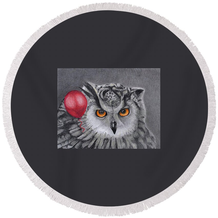 Balloon Round Beach Towel featuring the drawing Owl With The Red Balloon by Tim Ernst
