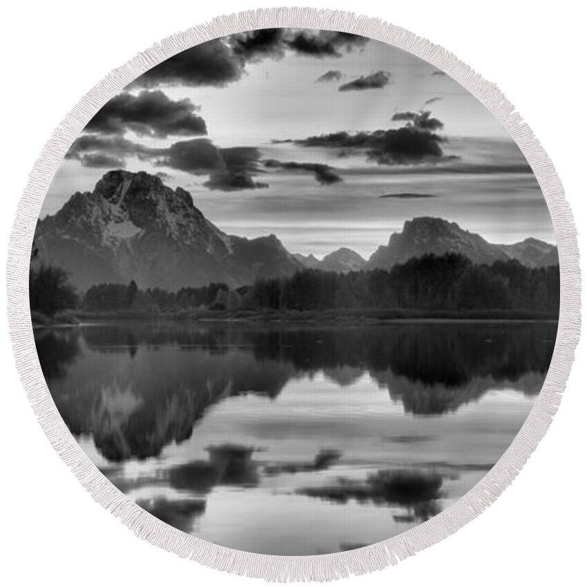 Swiftcurrent Falls Round Beach Towel featuring the photograph Oxbow Bend Autumn Sunset Panorama Black And White by Adam Jewell