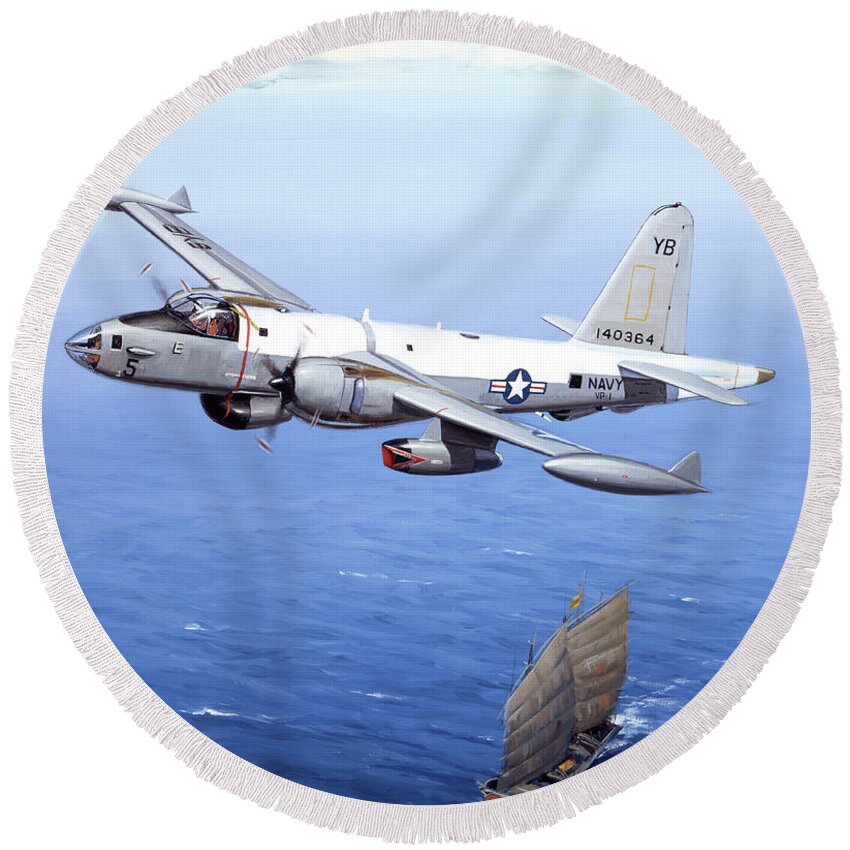 Military Aircraft Round Beach Towel featuring the painting Lockheed P2V-7 Neptune by Jack Fellows