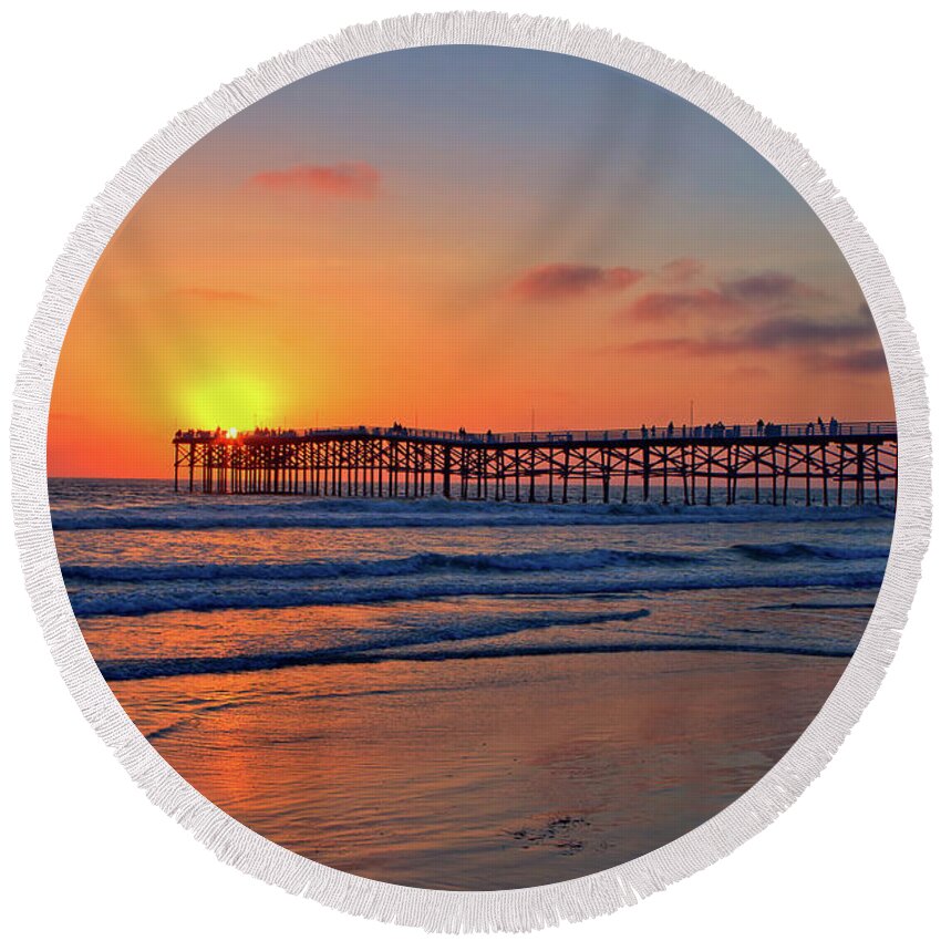 Pier Round Beach Towel featuring the photograph Pacific Beach Pier Sunset by Peter Tellone