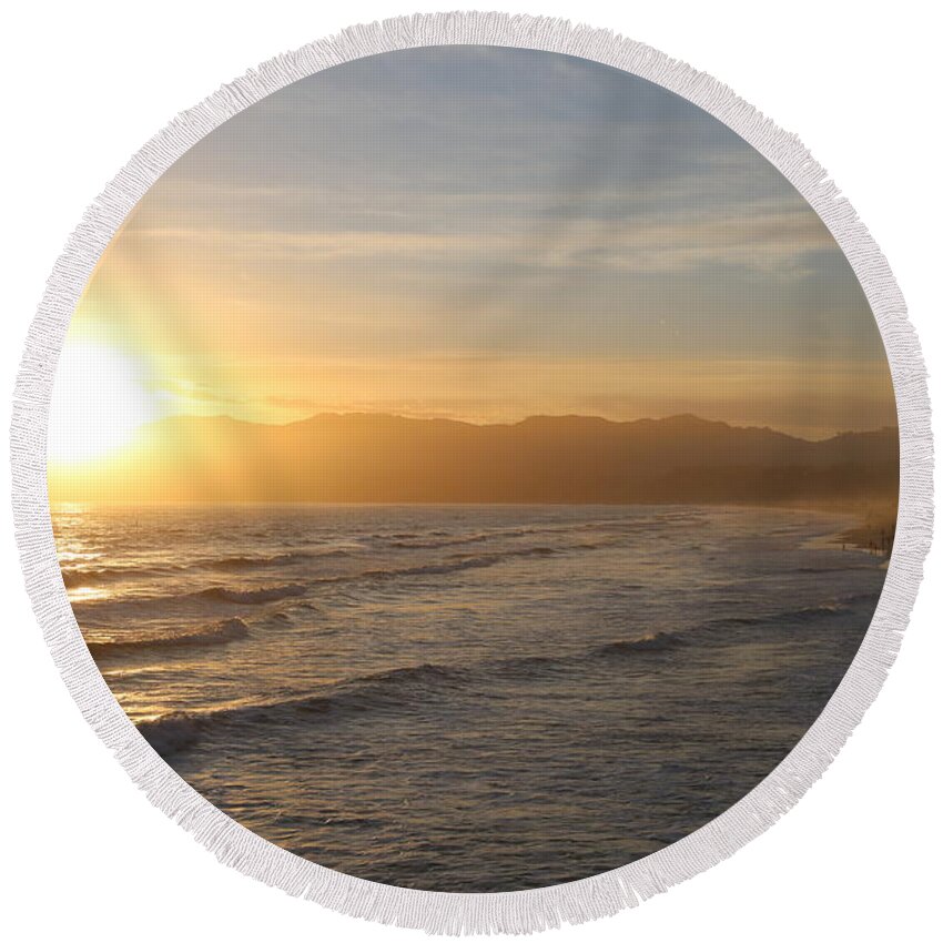 Sunset Round Beach Towel featuring the photograph Pacific Sunset , Santa Monica, California by John Shiron
