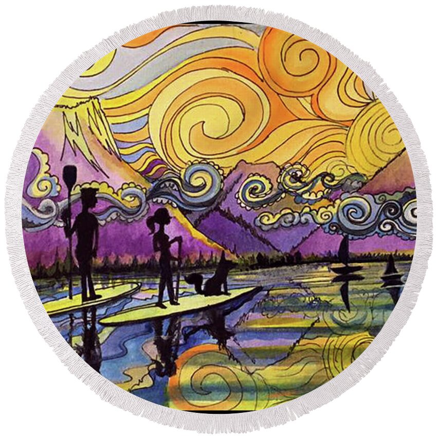Frisco Round Beach Towel featuring the painting Paddleboarders Frisco Colorado by David Sockrider