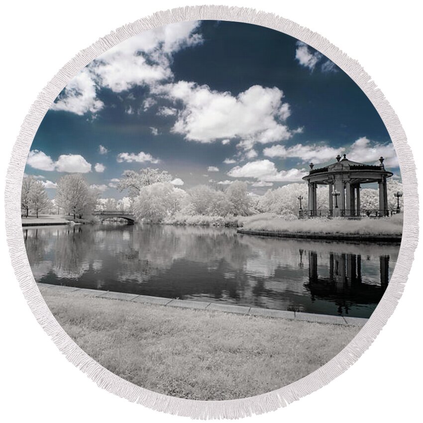 Infrared Round Beach Towel featuring the photograph Pagoda at Forest Park St Louis in Infrared by Roberta Kayne