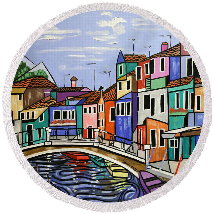 Cubism Round Beach Towel featuring the painting Painted Buildings burano Venice by Anthony Falbo