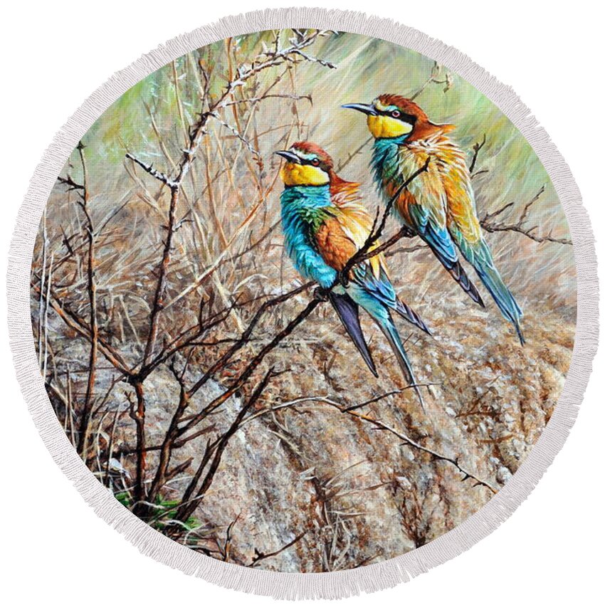 Paintings Round Beach Towel featuring the painting Pair of Bea Eaters by Alan M Hunt by Alan M Hunt