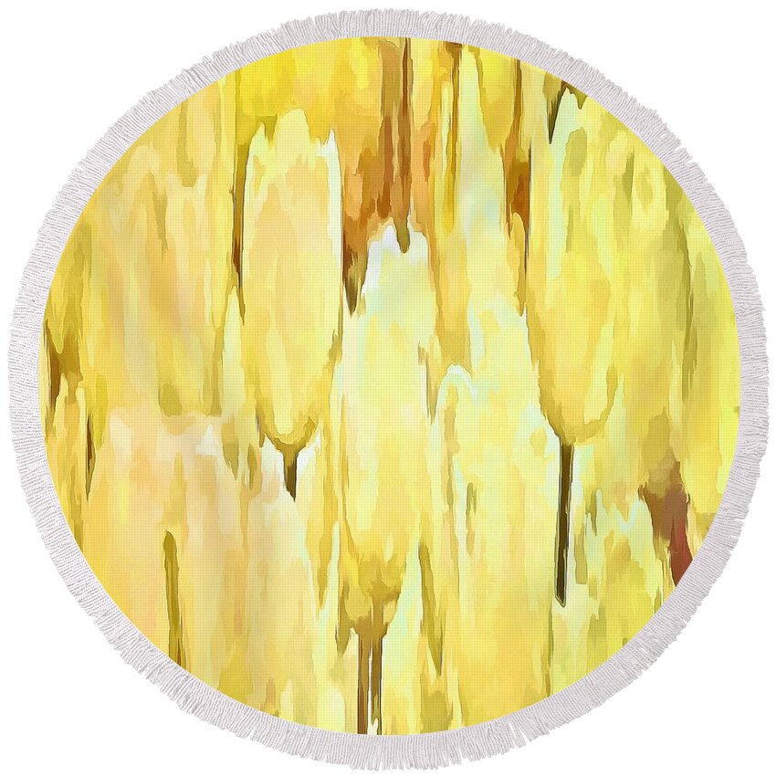 Tulips Round Beach Towel featuring the painting Pale Yellow Tulips Abstract Floral Pattern by Taiche Acrylic Art