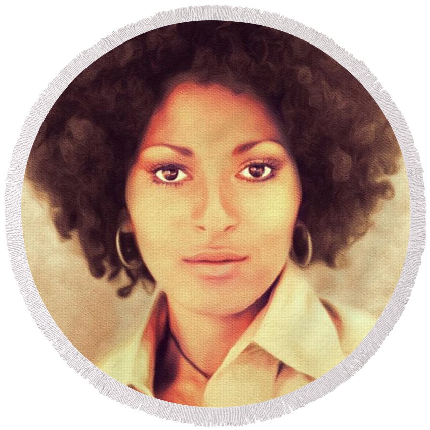 Pam Round Beach Towel featuring the painting Pam Grier, Hollywood Legend by Esoterica Art Agency