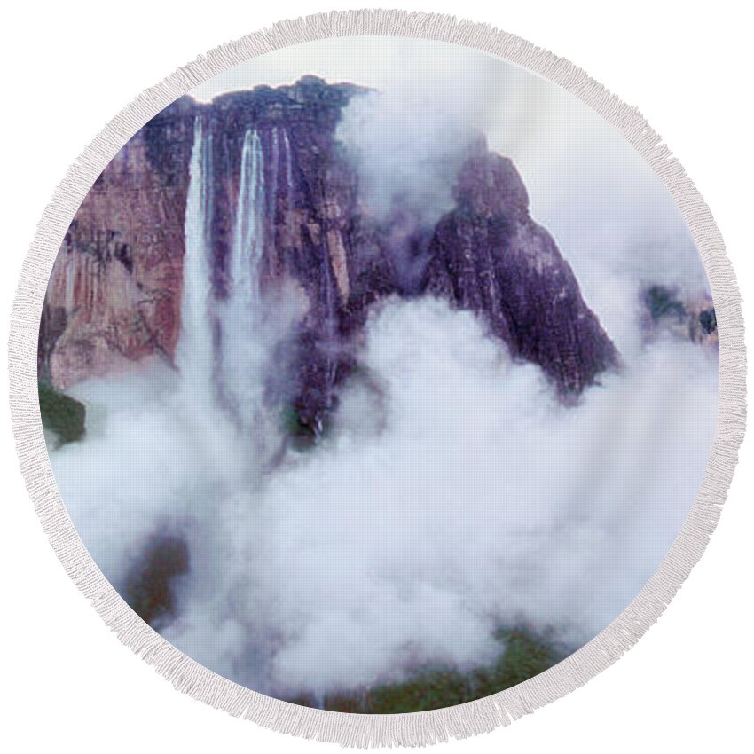 Dave Welling Round Beach Towel featuring the photograph Panorama Clouds Surround Angel Falls Canaima Np Venezuela by Dave Welling